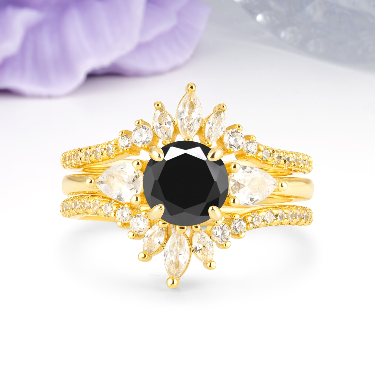 Radiant Round Cut Marquise Accent Black Onyx Bridal Ring Set - Yellow-Gold