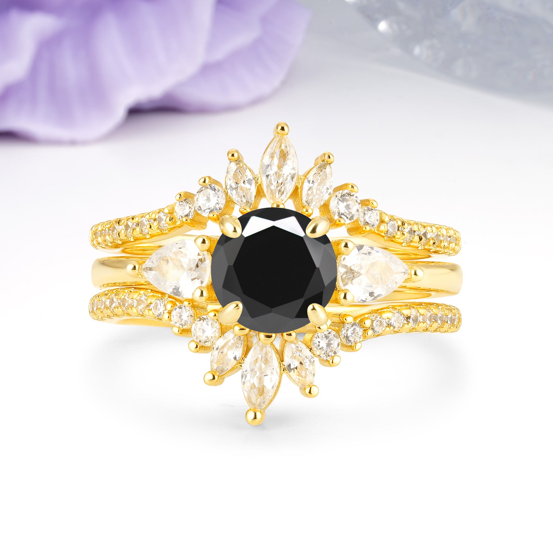 Radiant Round Cut Marquise Accent Black Onyx Bridal Ring Set - Yellow-Gold