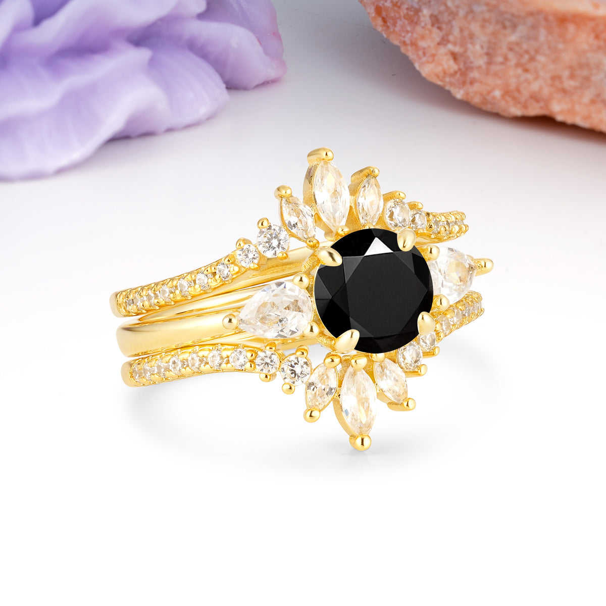 Radiant Round Cut Marquise Accent Black Onyx Bridal Ring Set - Rose-Gold