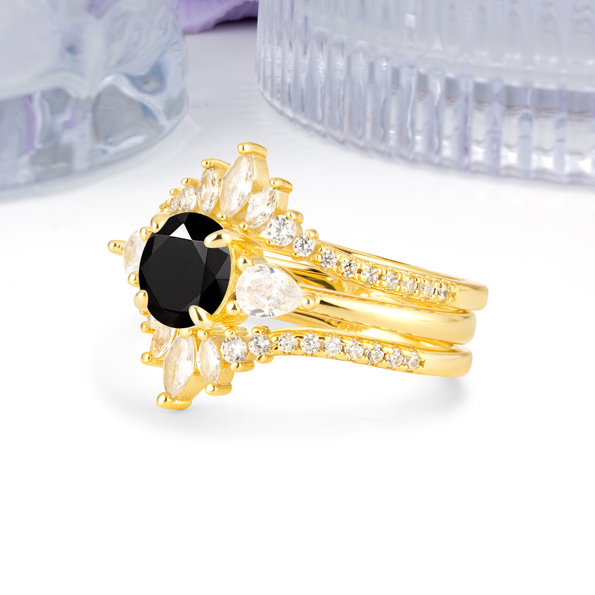 Radiant Round Cut Marquise Accent Black Onyx Bridal Ring Set - White-Gold