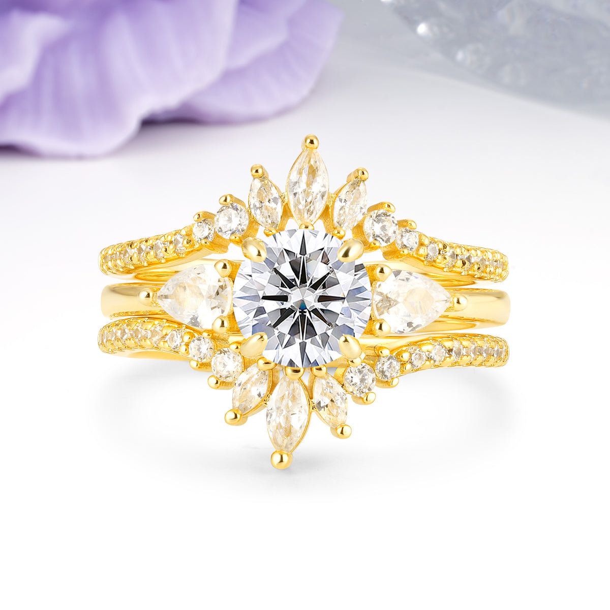 Radiant Round Cut Marquise Accent Lab Diamond Bridal Ring Set - Yellow-Gold