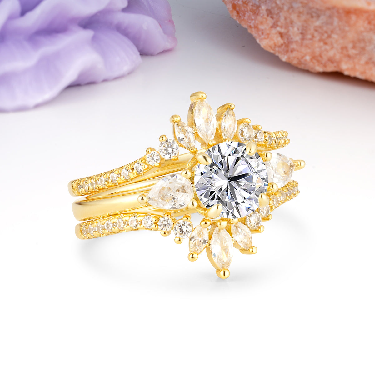 Radiant Round Cut Marquise Accent Lab Diamond Bridal Ring Set - Rose-Gold
