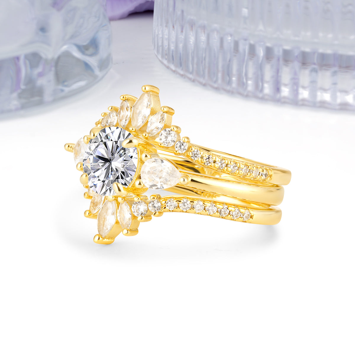 Radiant Round Cut Marquise Accent Lab Diamond Bridal Ring Set - White-Gold
