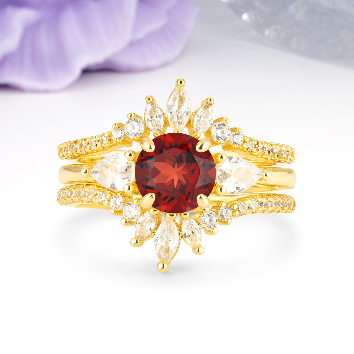 Radiant Round Cut Marquise Accent Garnet Bridal Ring Set - Yellow-Gold