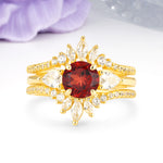 Radiant Round Cut Marquise Accent Garnet Bridal Ring Set - Yellow-Gold