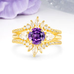 Radiant Round Cut Marquise Accent Amethyst Bridal Ring Set - Yellow-Gold