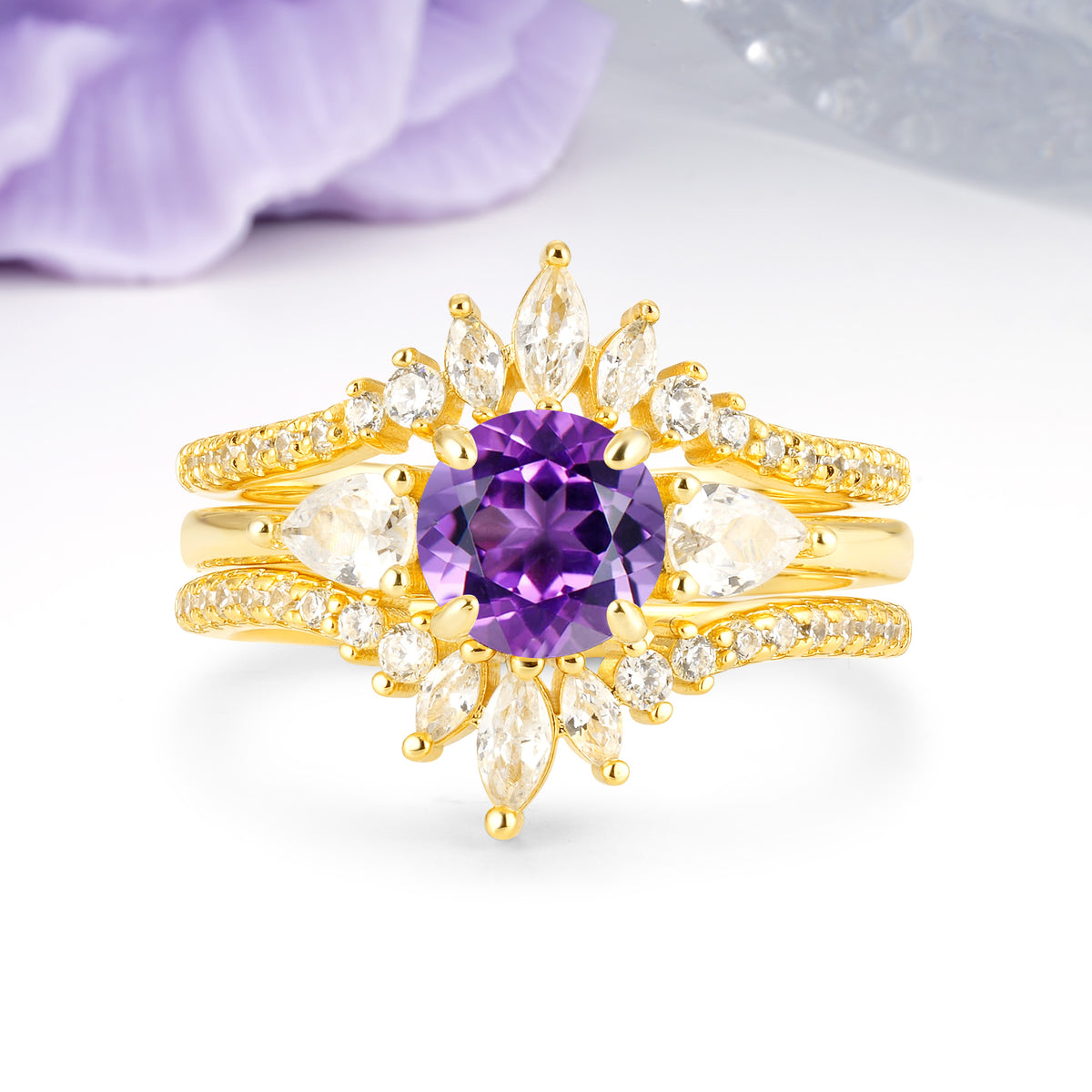 Radiant Round Cut Marquise Accent Amethyst Bridal Ring Set - Yellow-Gold