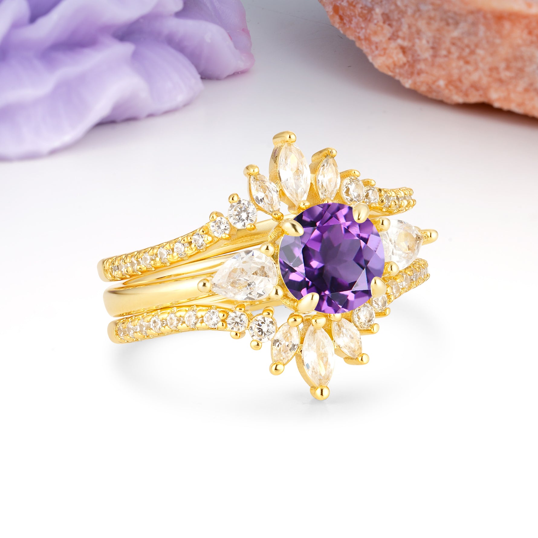 Radiant Round Cut Marquise Accent Amethyst Bridal Ring Set - Rose-Gold