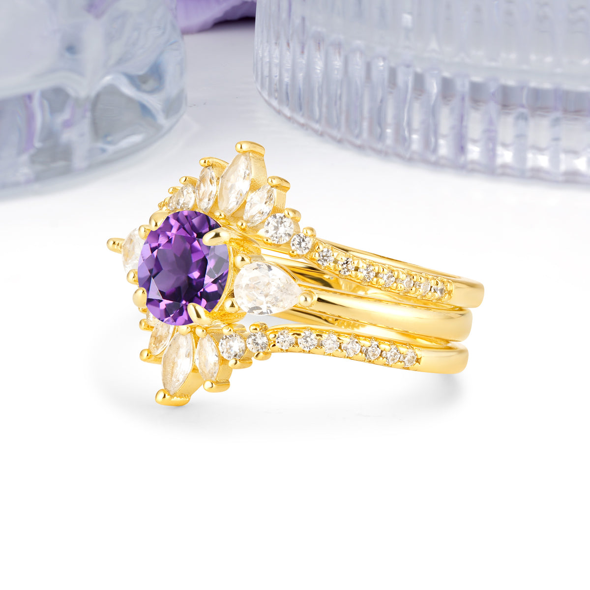 Radiant Round Cut Marquise Accent Amethyst Bridal Ring Set - White-Gold