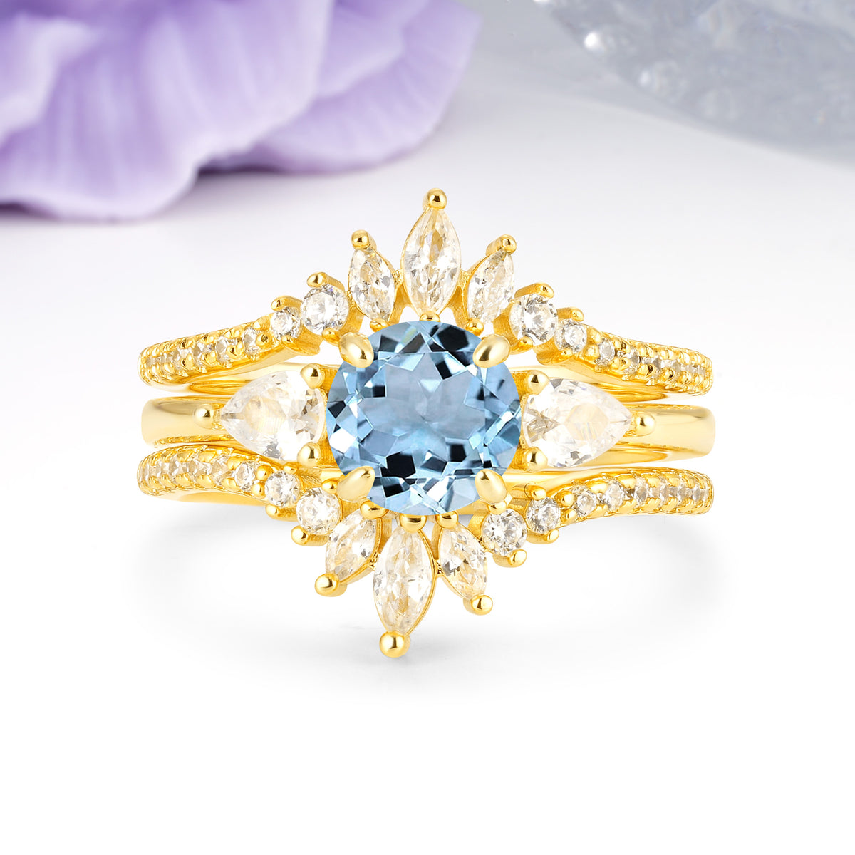 Radiant Round Cut Marquise Accent Aquamarine Bridal Ring Set - Yellow-Gold
