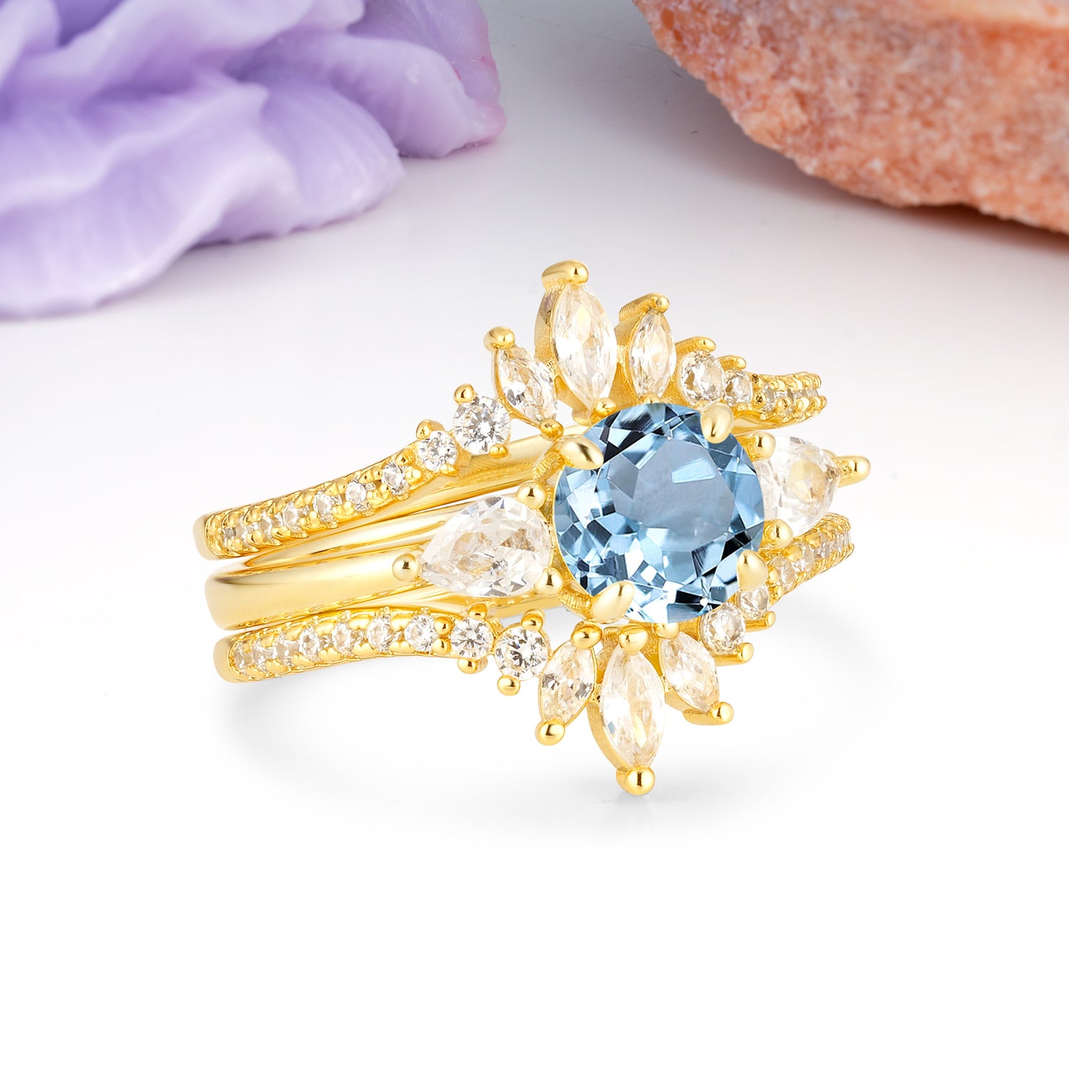 Radiant Round Cut Marquise Accent Aquamarine Bridal Ring Set - Rose-Gold