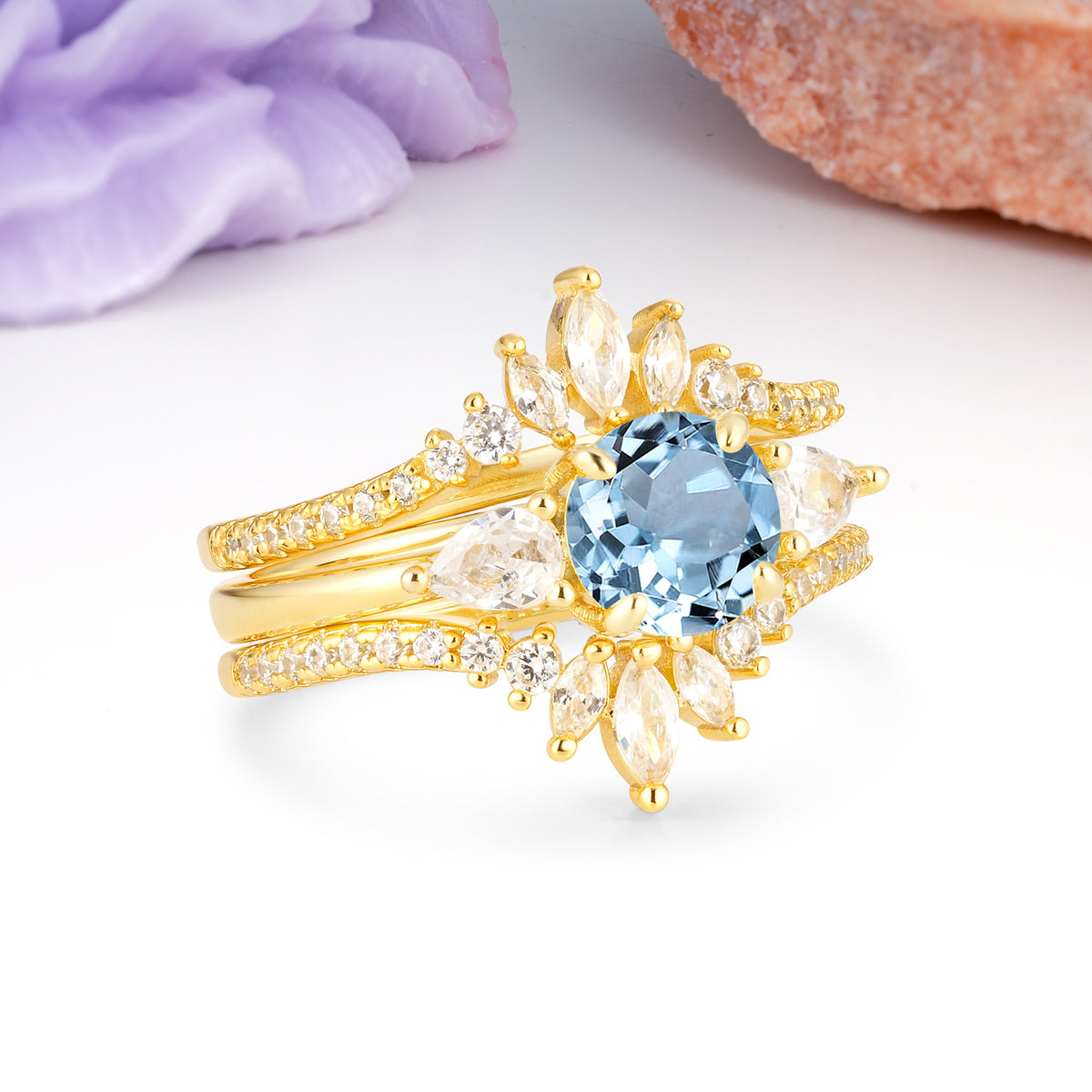 Radiant Round Cut Marquise Accent Aquamarine Bridal Ring Set - Rose-Gold