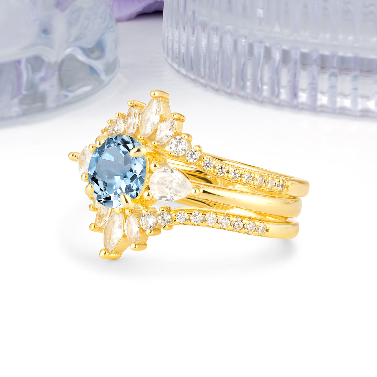 Radiant Round Cut Marquise Accent Aquamarine Bridal Ring Set - White-Gold