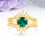 Radiant Round Cut Marquise Accent Emerald Bridal Ring Set - Yellow-Gold