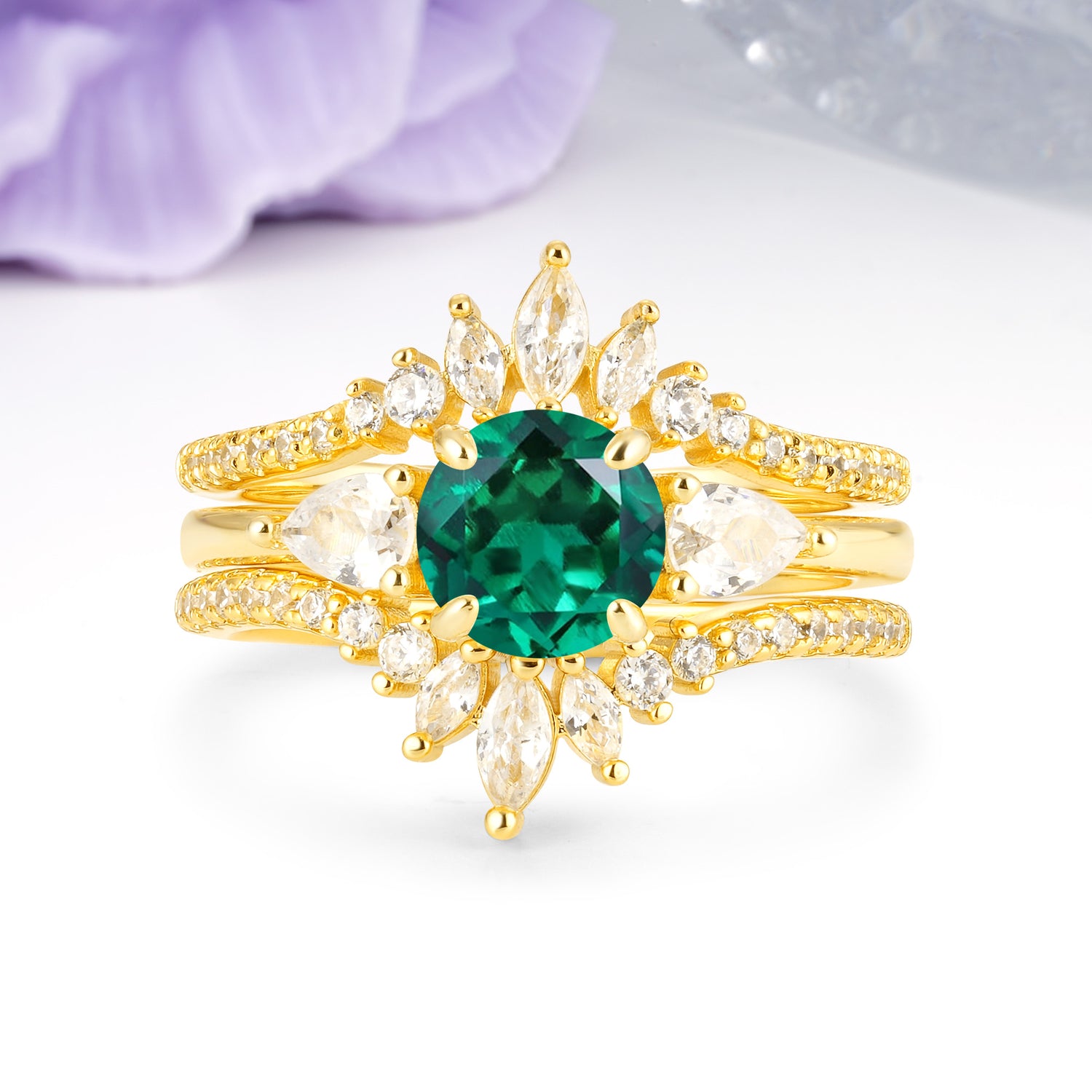 Radiant Round Cut Marquise Accent Emerald Bridal Ring Set - Yellow-Gold