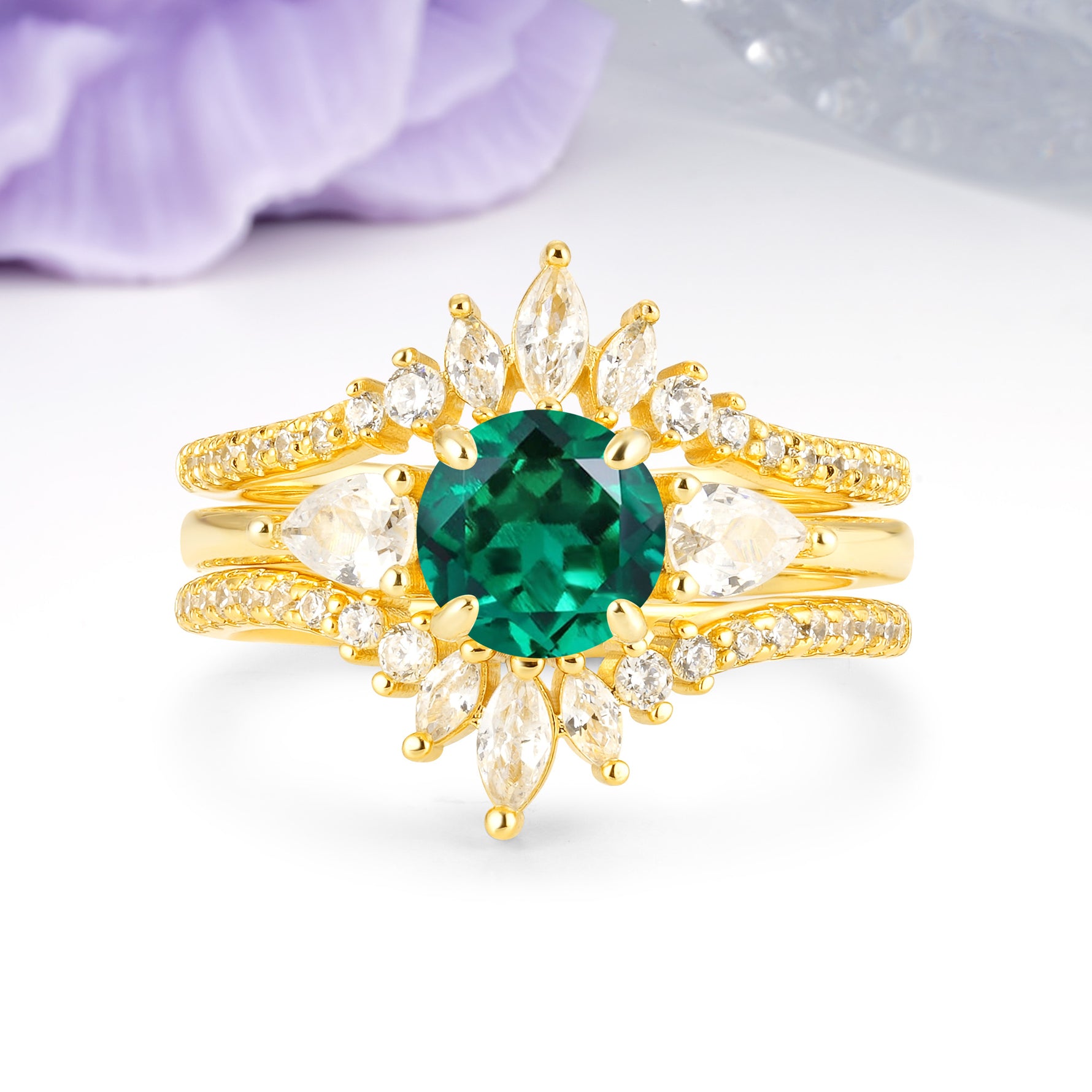 Radiant Round Cut Marquise Accent Emerald Bridal Ring Set - Yellow-Gold