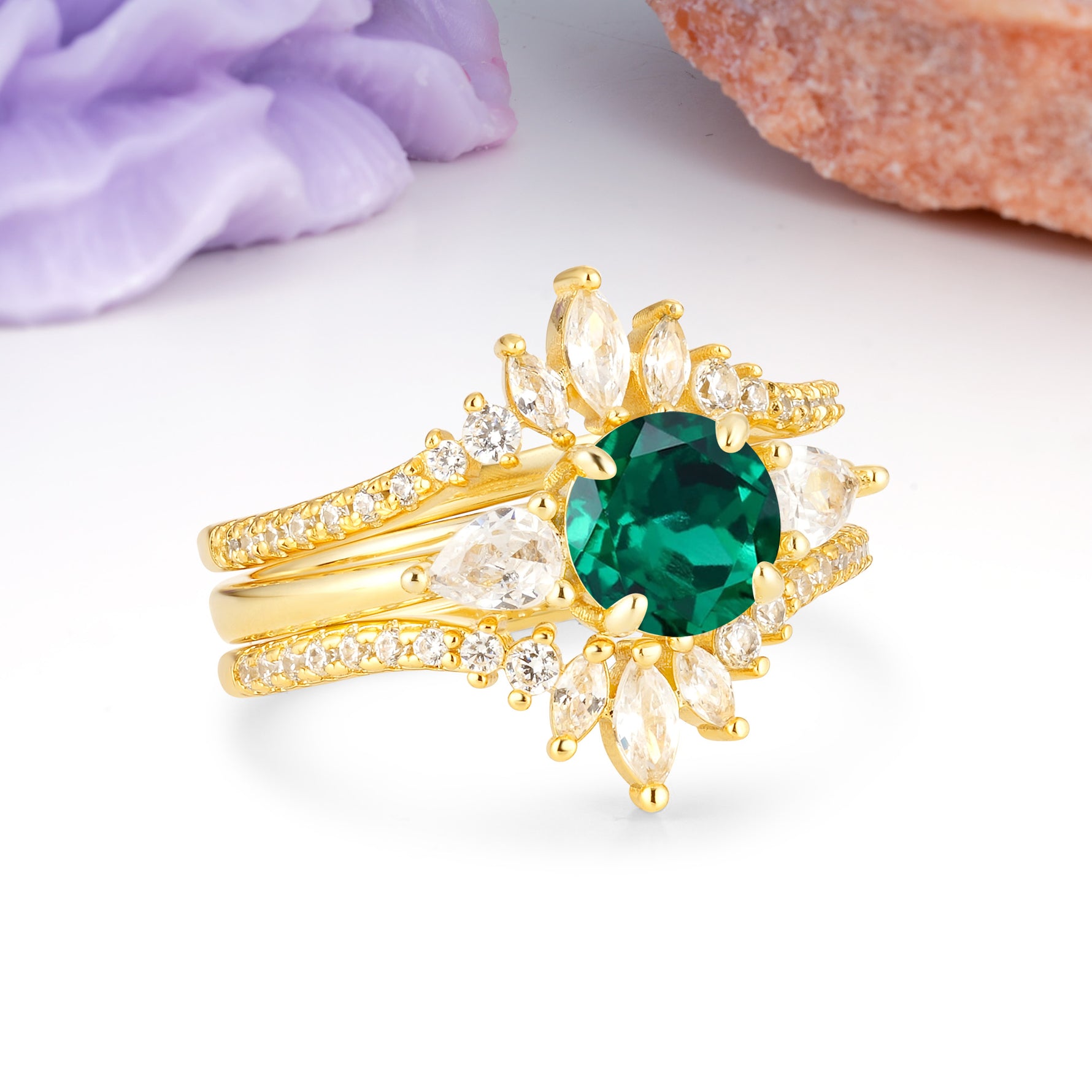 Radiant Round Cut Marquise Accent Emerald Bridal Ring Set - Rose-Gold