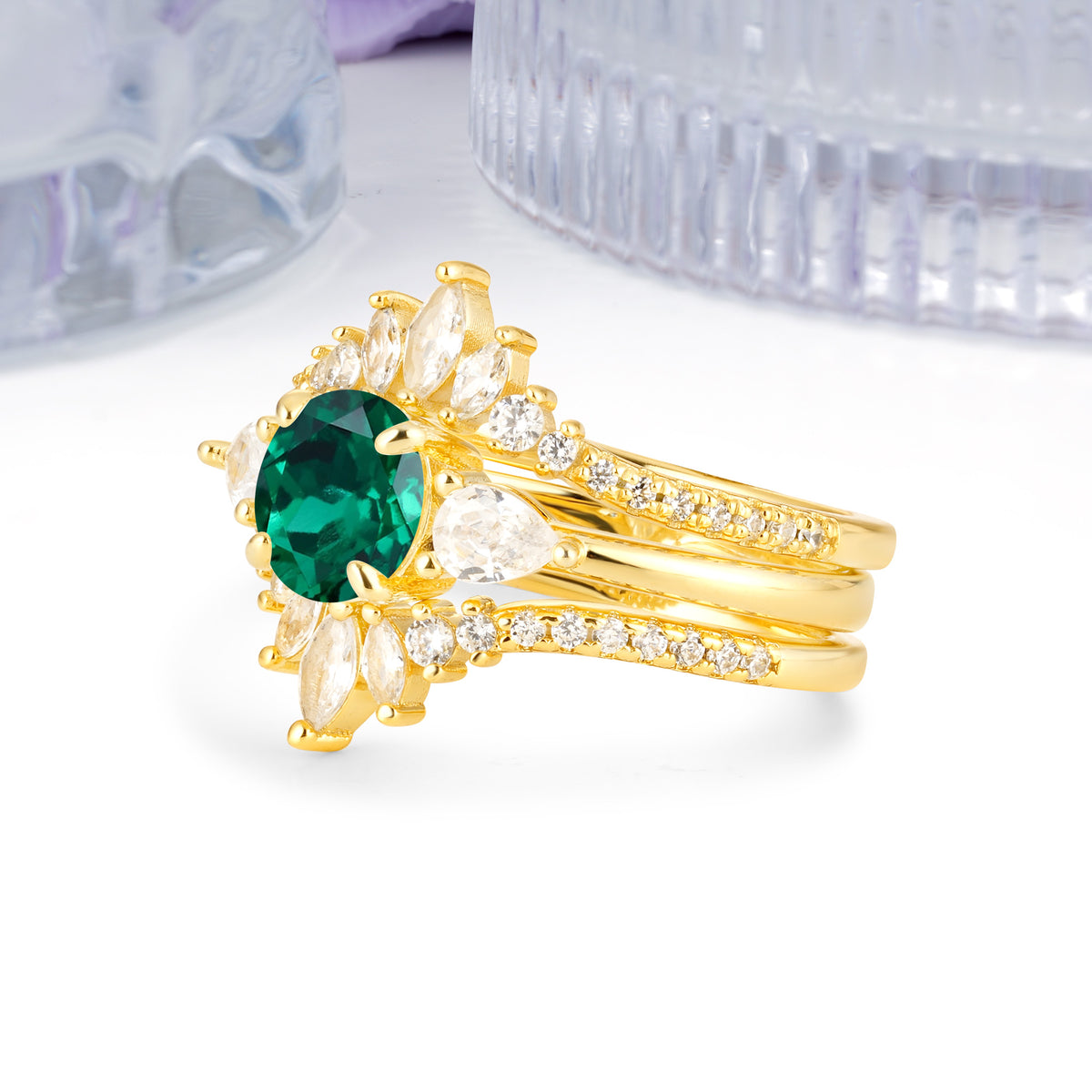 Radiant Round Cut Marquise Accent Emerald Bridal Ring Set - White-Gold