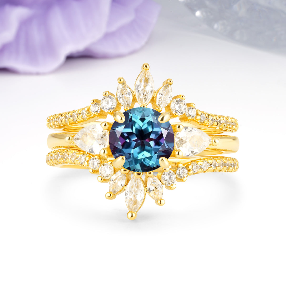Radiant Round Cut Marquise Accent Alexandrite Bridal Ring Set - Yellow-Gold