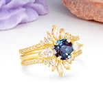 Radiant Round Cut Marquise Accent Alexandrite Bridal Ring Set - Rose-Gold