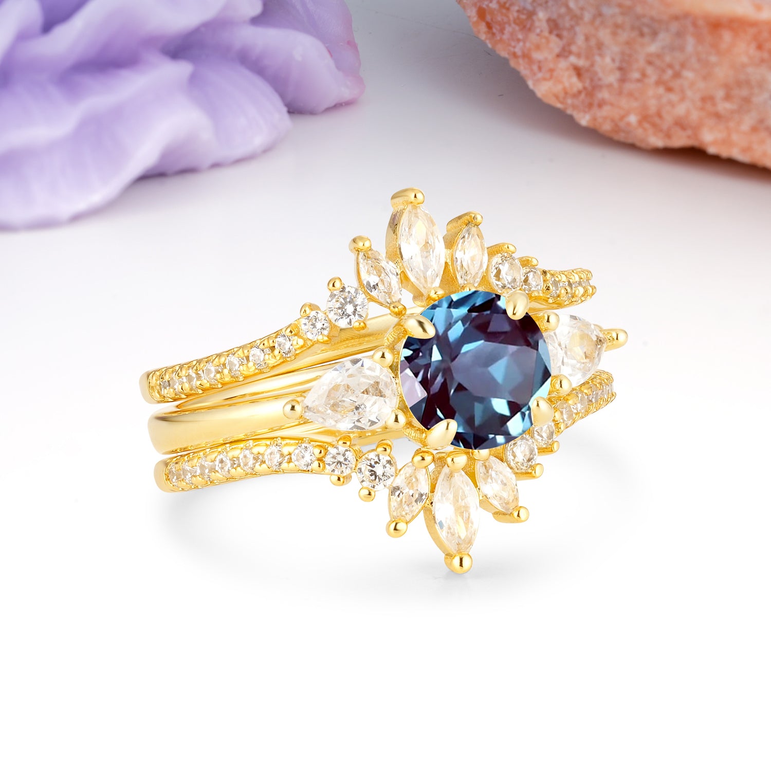 Radiant Round Cut Marquise Accent Alexandrite Bridal Ring Set - Rose-Gold