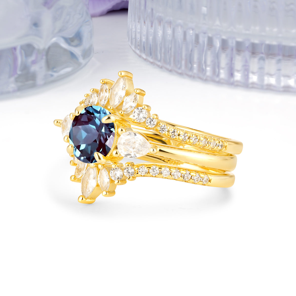 Radiant Round Cut Marquise Accent Alexandrite Bridal Ring Set - White-Gold