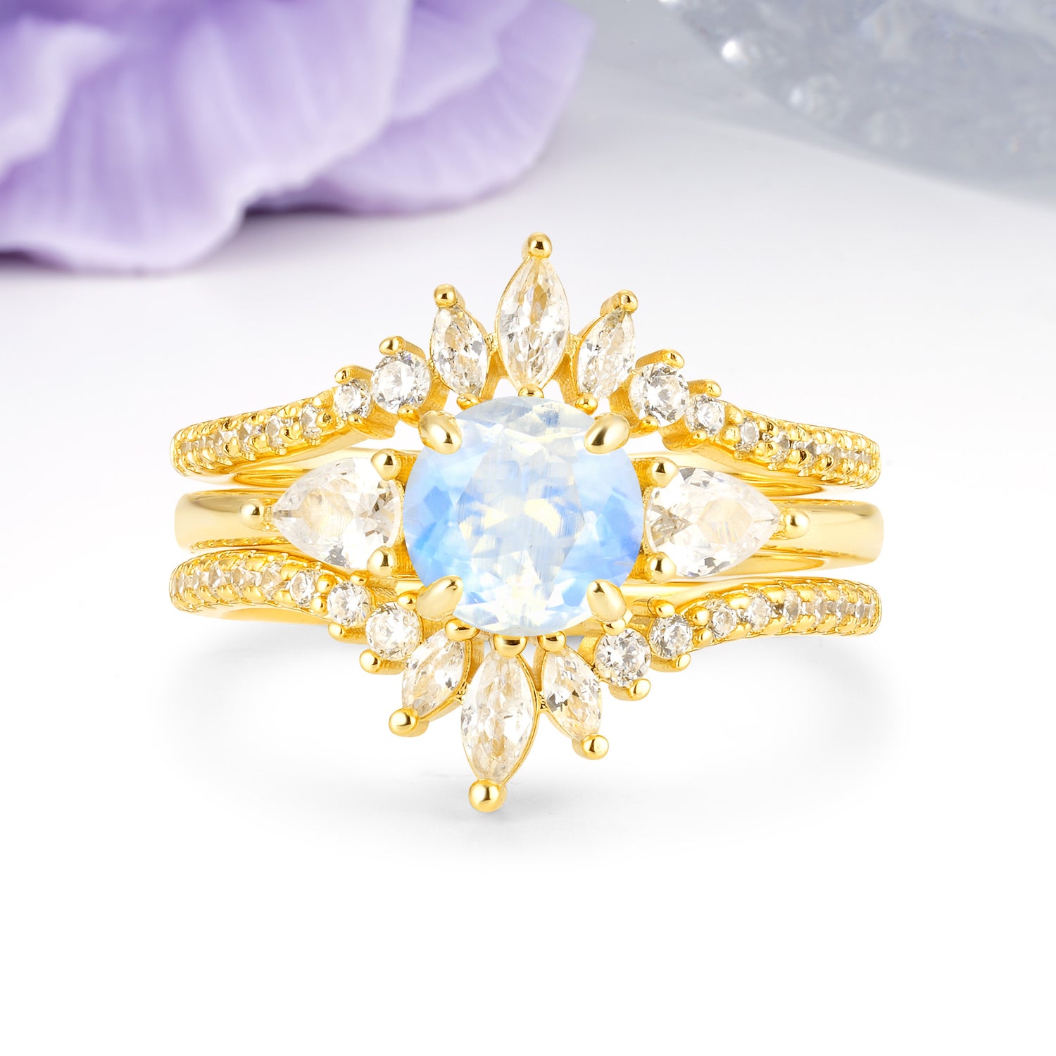 Radiant Round Cut Marquise Accent Moonstone Bridal Ring Set - Yellow-Gold