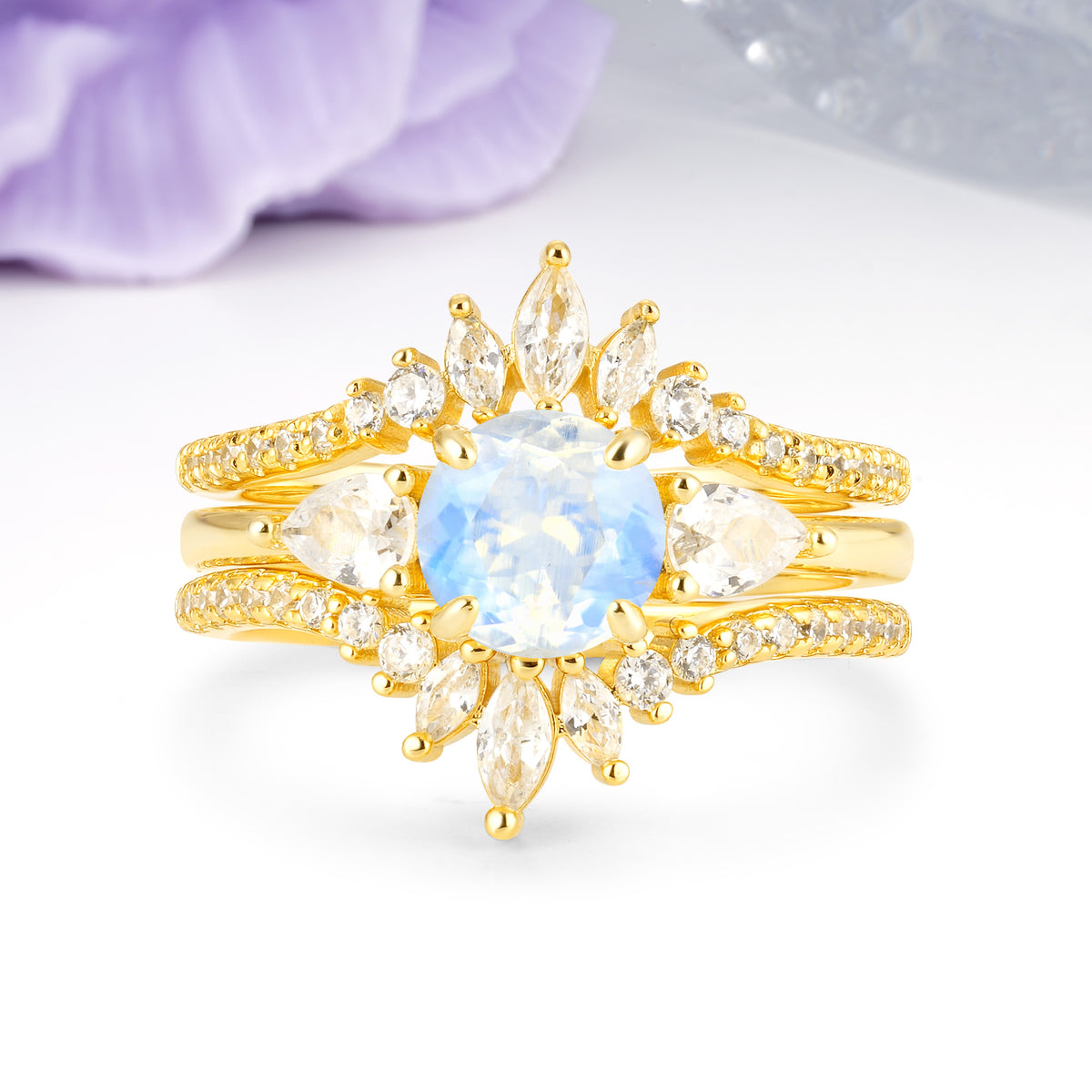 Radiant Round Cut Marquise Accent Moonstone Bridal Ring Set - Yellow-Gold