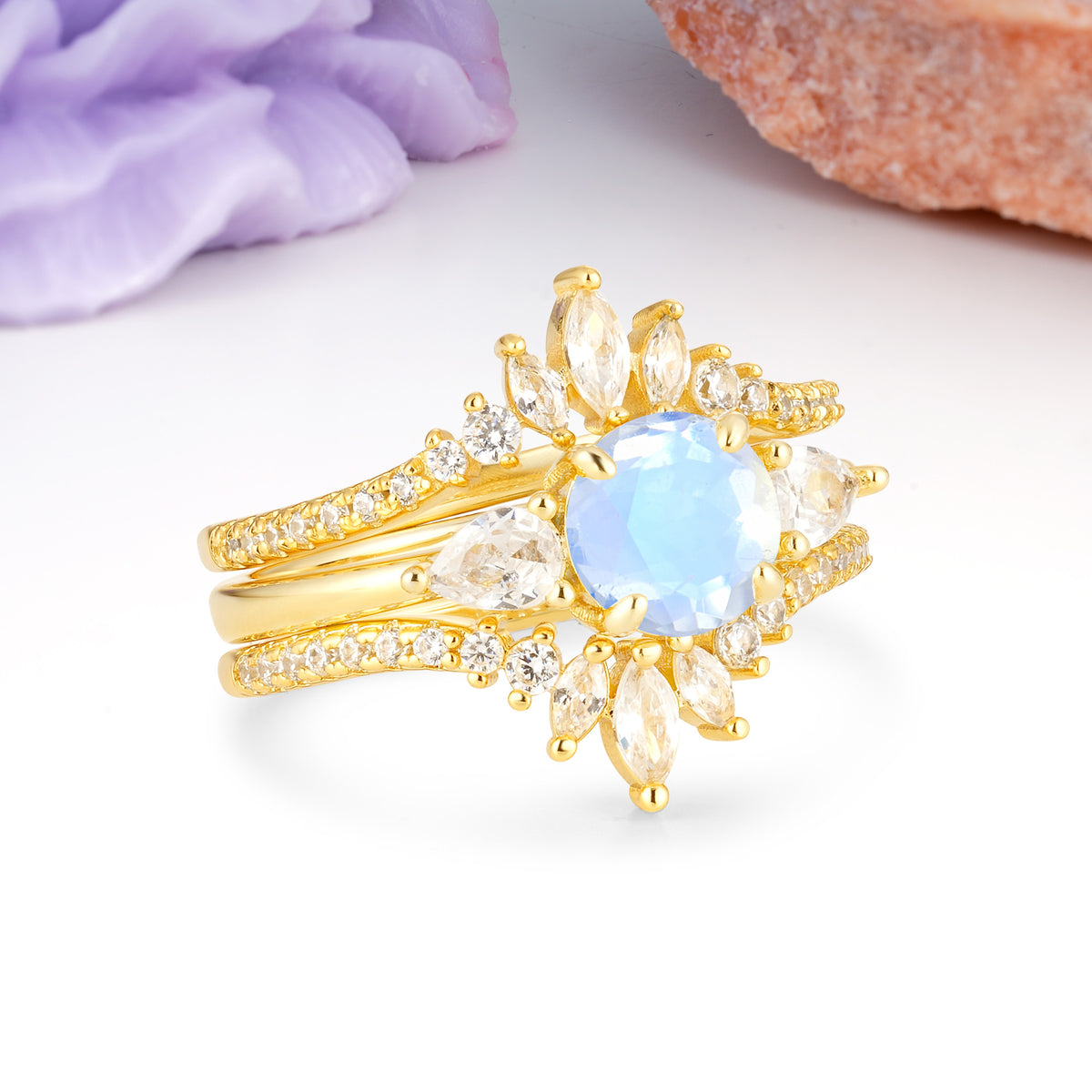 Radiant Round Cut Marquise Accent Moonstone Bridal Ring Set - Rose-Gold