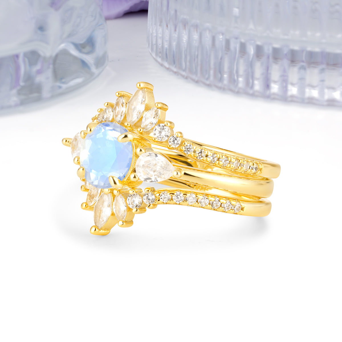 Radiant Round Cut Marquise Accent Moonstone Bridal Ring Set - White-Gold