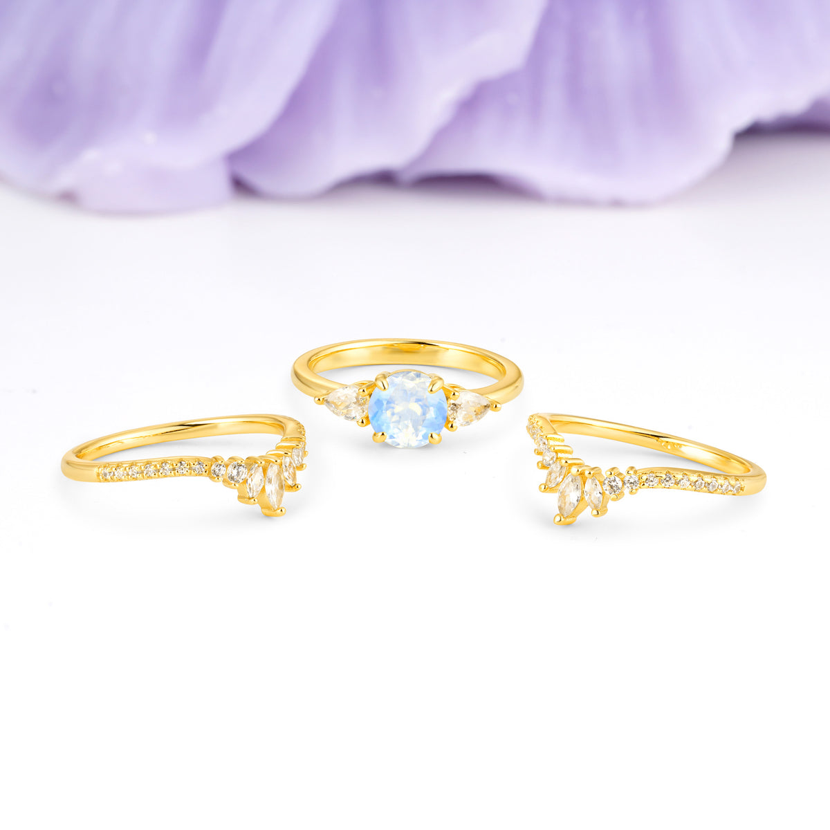 Radiant Round Cut Marquise Accent Moonstone Bridal Ring Set - Additional view