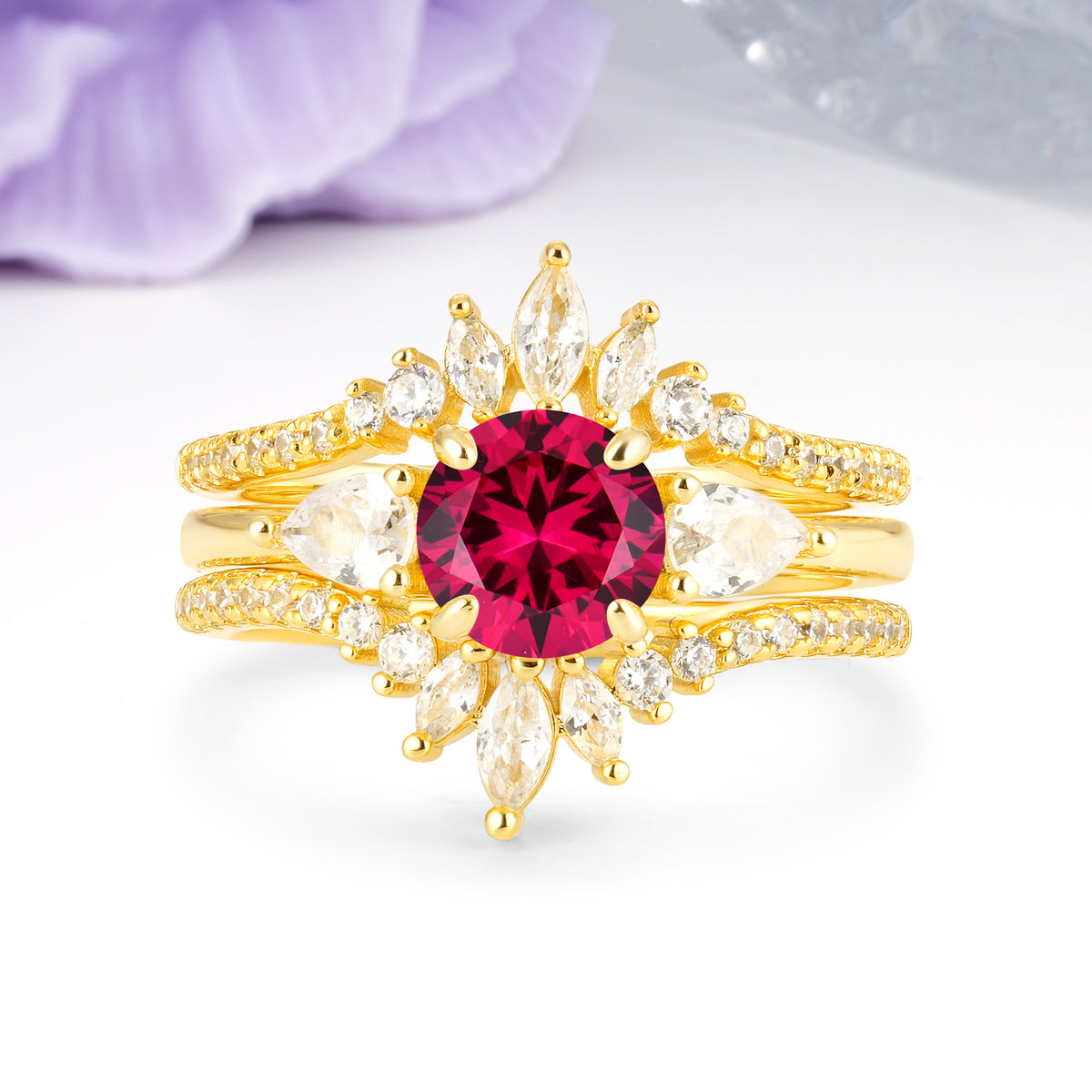 Radiant Round Cut Marquise Accent Ruby Bridal Ring Set - Yellow-Gold