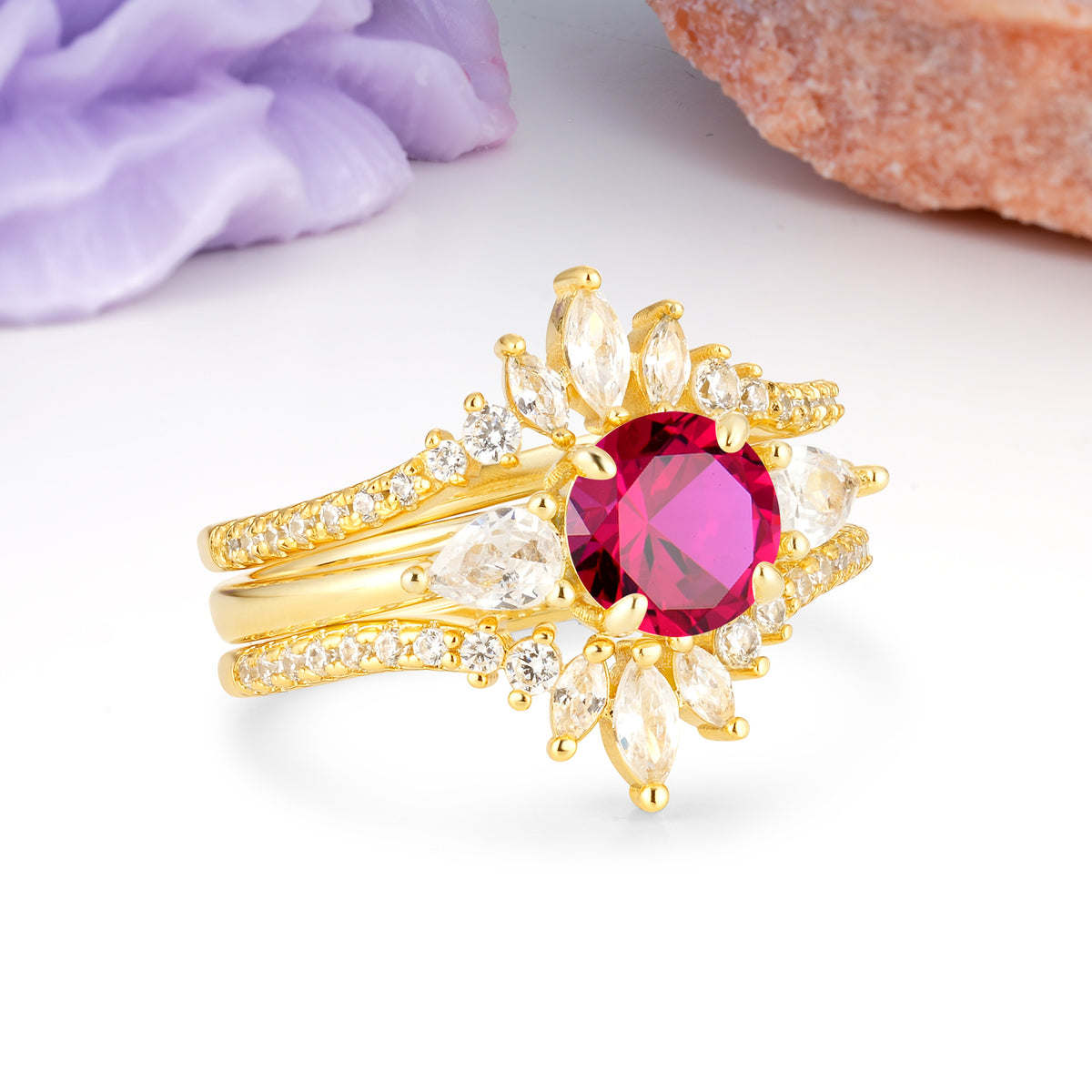 Radiant Round Cut Marquise Accent Ruby Bridal Ring Set - Rose-Gold