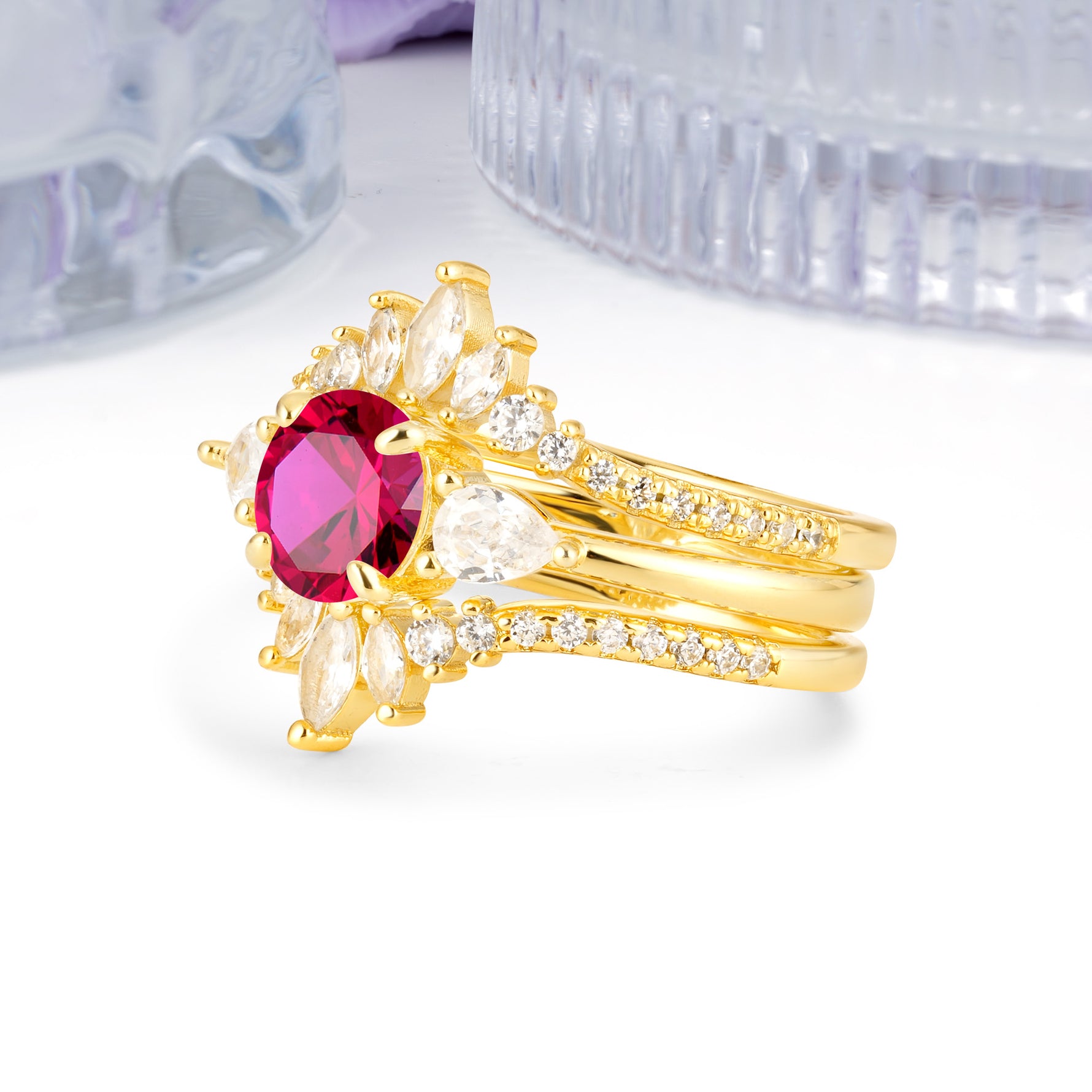 Radiant Round Cut Marquise Accent Ruby Bridal Ring Set - White-Gold