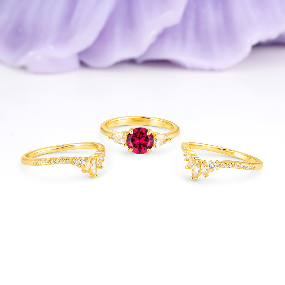 Radiant Round Cut Marquise Accent Ruby Bridal Ring Set - Additional view