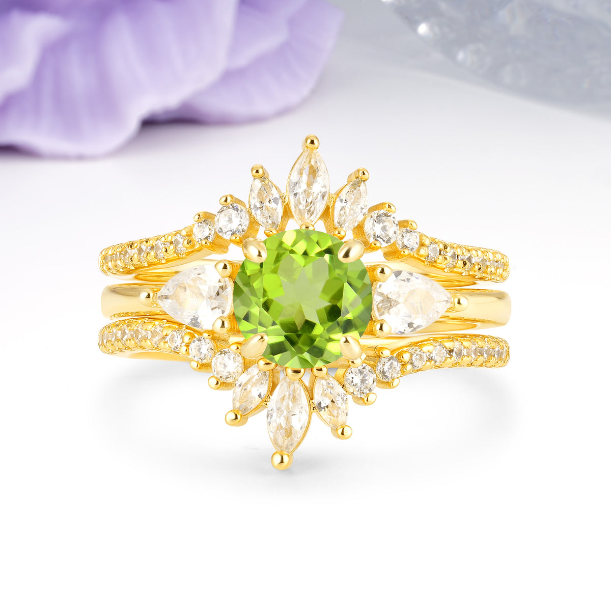 Radiant Round Cut Marquise Accent Peridot Bridal Ring Set - Yellow-Gold