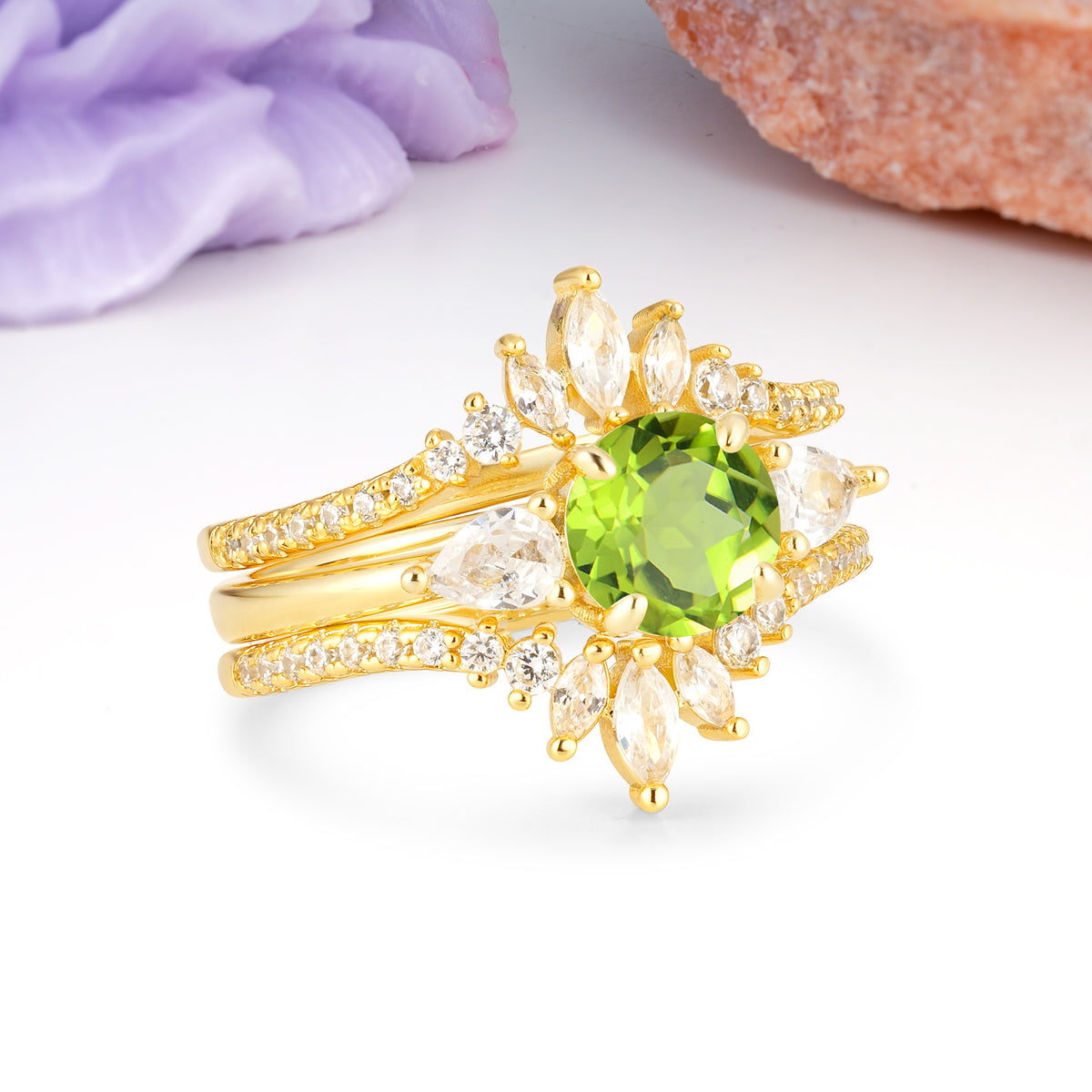Radiant Round Cut Marquise Accent Peridot Bridal Ring Set - Rose-Gold