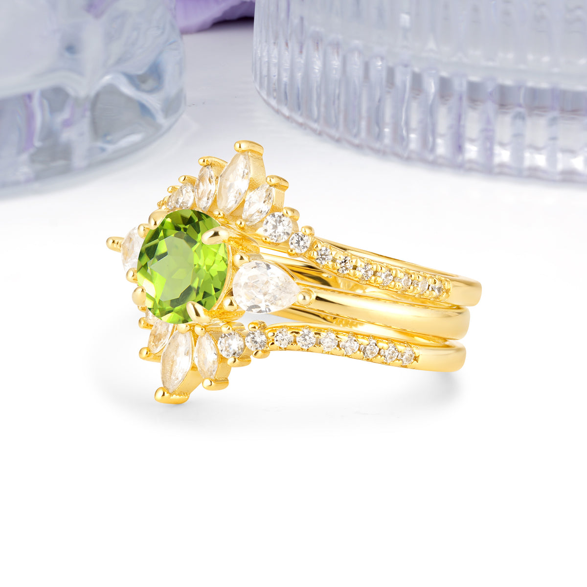 Radiant Round Cut Marquise Accent Peridot Bridal Ring Set - White-Gold