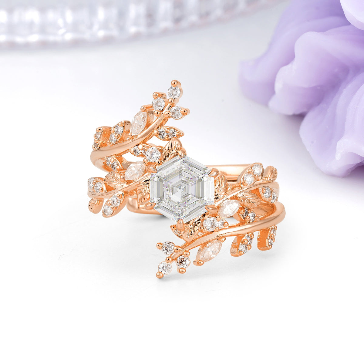 Nature-Inspired Luxury: 6-Prong Hexagonal Cut Moissanite Bridal Ring Set - Additional view