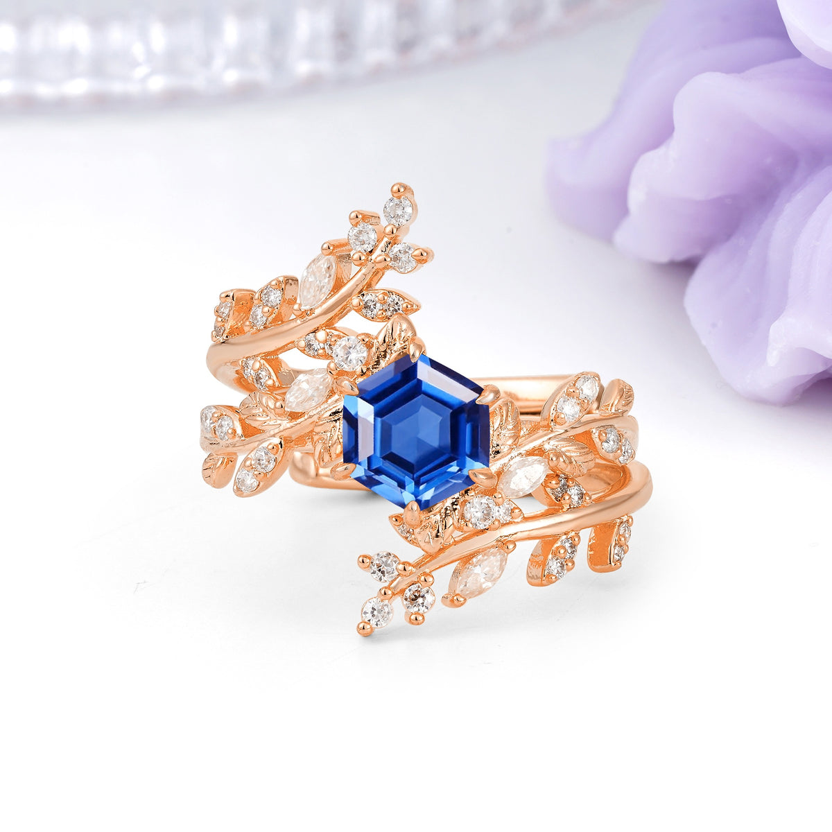Nature-Inspired Luxury: 6-Prong Hexagonal Cut Sapphire Bridal Ring Set - Additional view