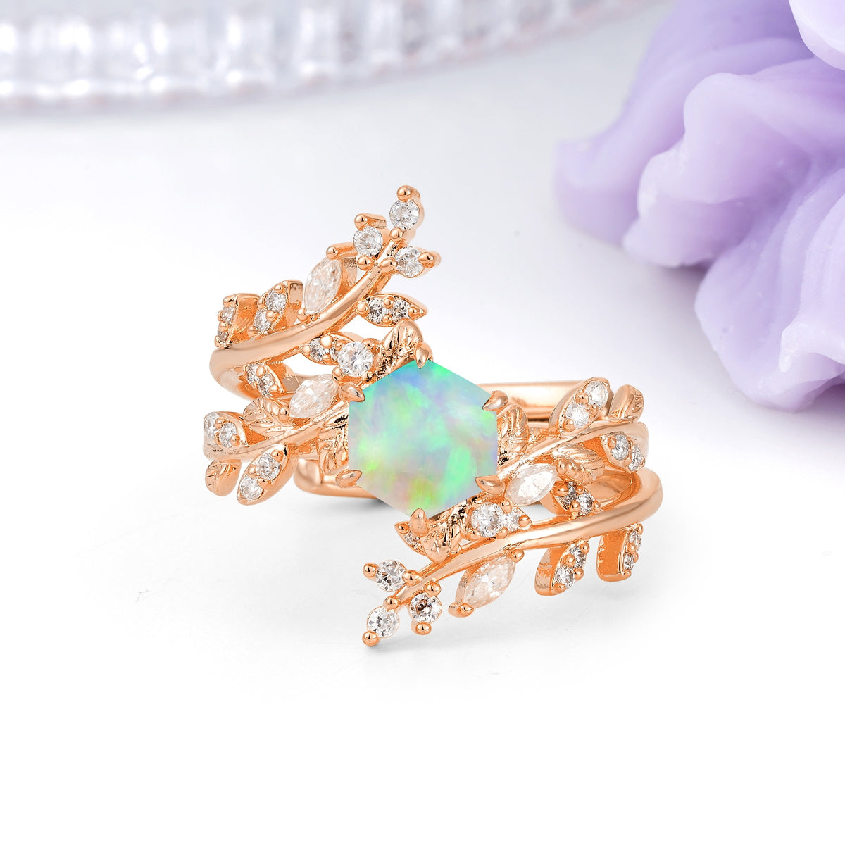Nature-Inspired Luxury: 6-Prong Hexagonal Cut Fire Opal Bridal Ring Set - Additional view