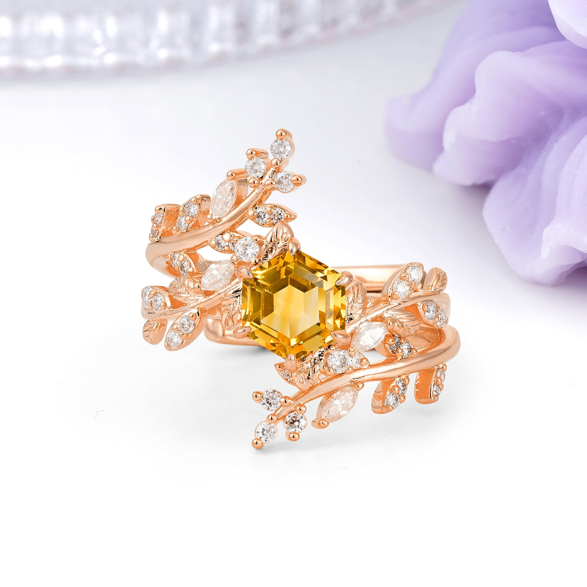 Nature-Inspired Luxury: 6-Prong Hexagonal Cut Citrine Bridal Ring Set - Additional view