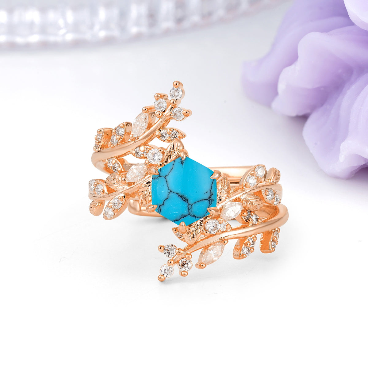 Nature-Inspired Luxury: 6-Prong Hexagonal Cut Turquoise Bridal Ring Set - Additional view