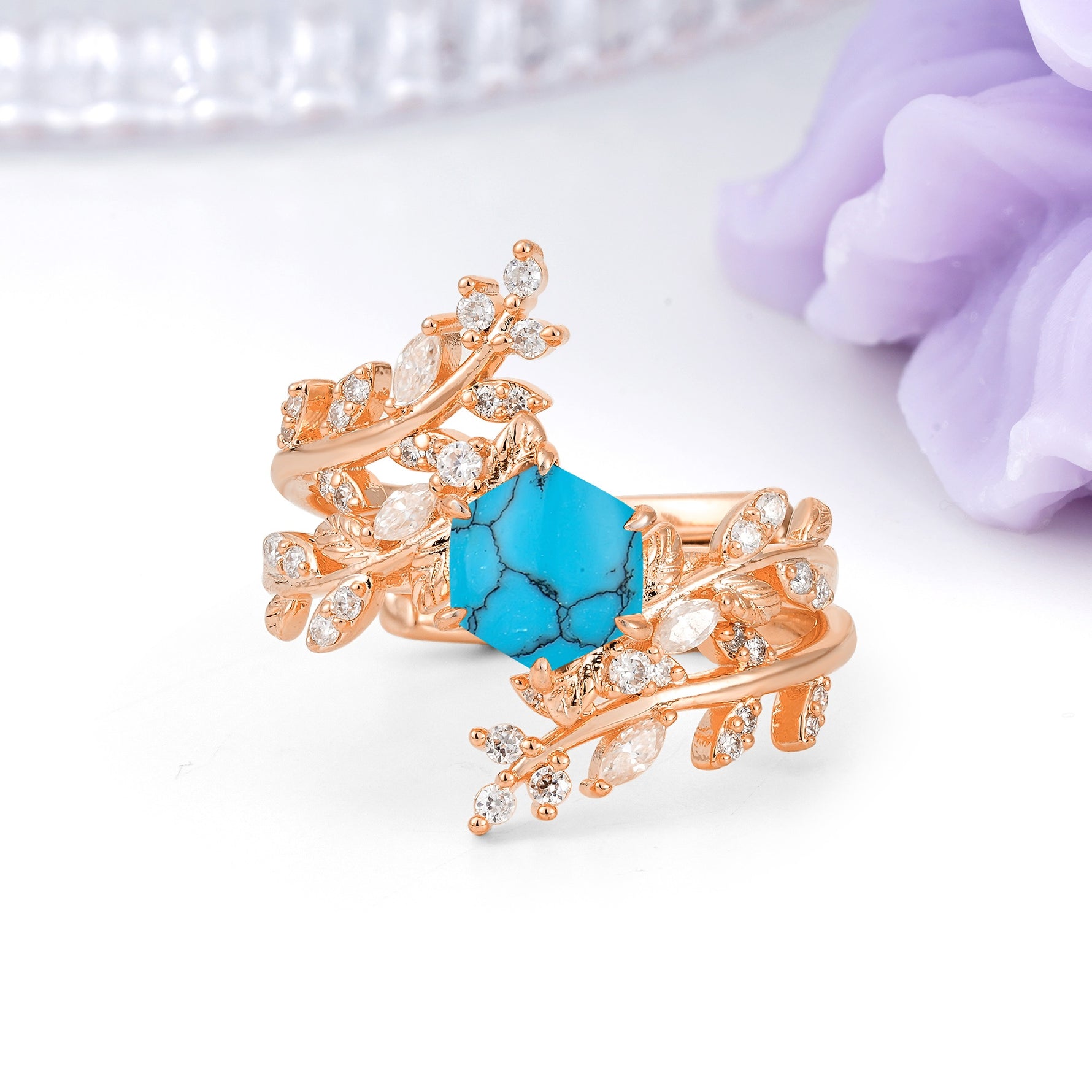 Nature-Inspired Luxury: 6-Prong Hexagonal Cut Turquoise Bridal Ring Set - Additional view