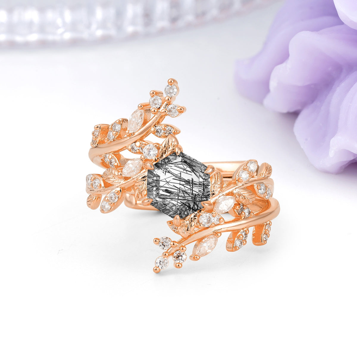 Nature-Inspired Luxury: 6-Prong Hexagonal Cut Black Rutilated Quartz Bridal Ring Set - Additional view