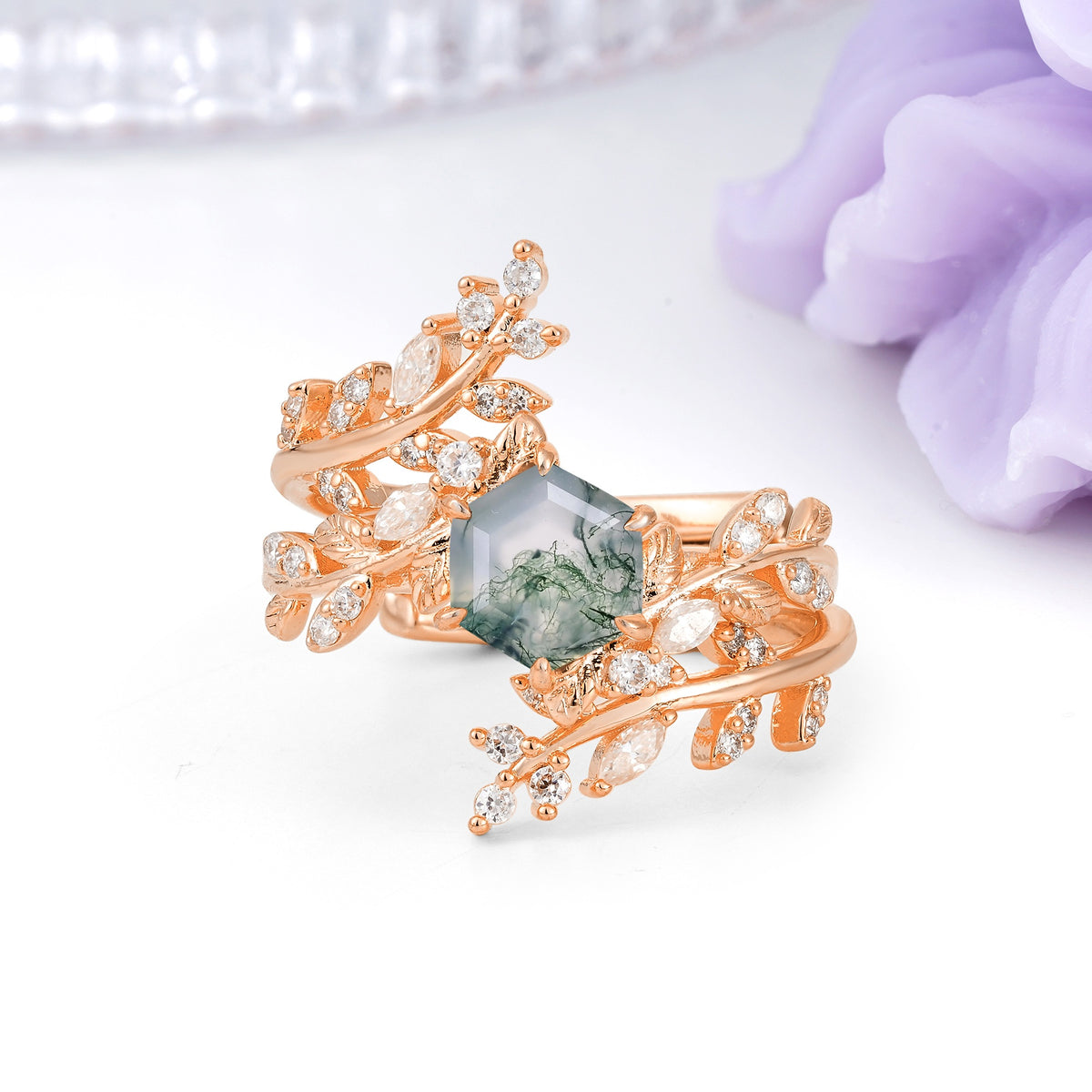 Nature-Inspired Luxury: 6-Prong Hexagonal Cut Moss Agate Bridal Ring Set - Additional view