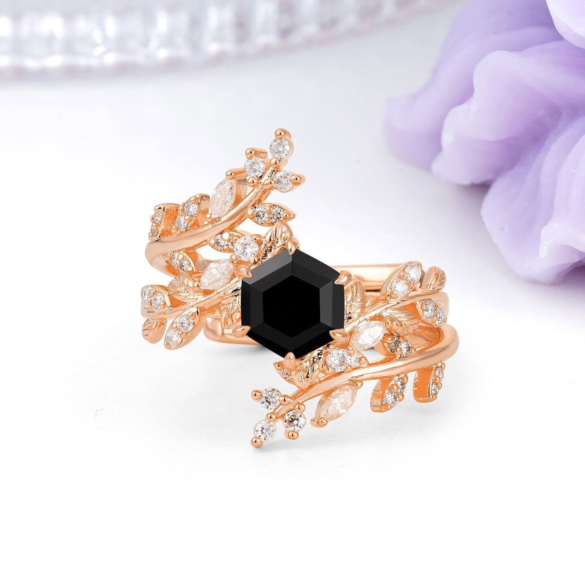 Nature-Inspired Luxury: 6-Prong Hexagonal Cut Black Onyx Bridal Ring Set - Additional view