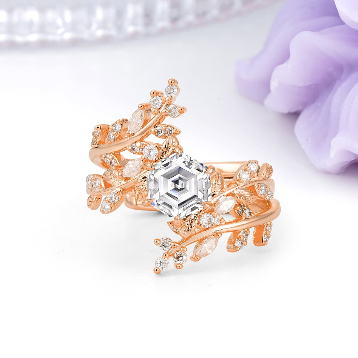 Nature-Inspired Luxury: 6-Prong Hexagonal Cut Lab Diamond Bridal Ring Set - Additional view
