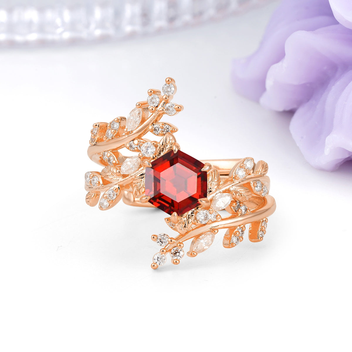 Nature-Inspired Luxury: 6-Prong Hexagonal Cut Garnet Bridal Ring Set - Additional view
