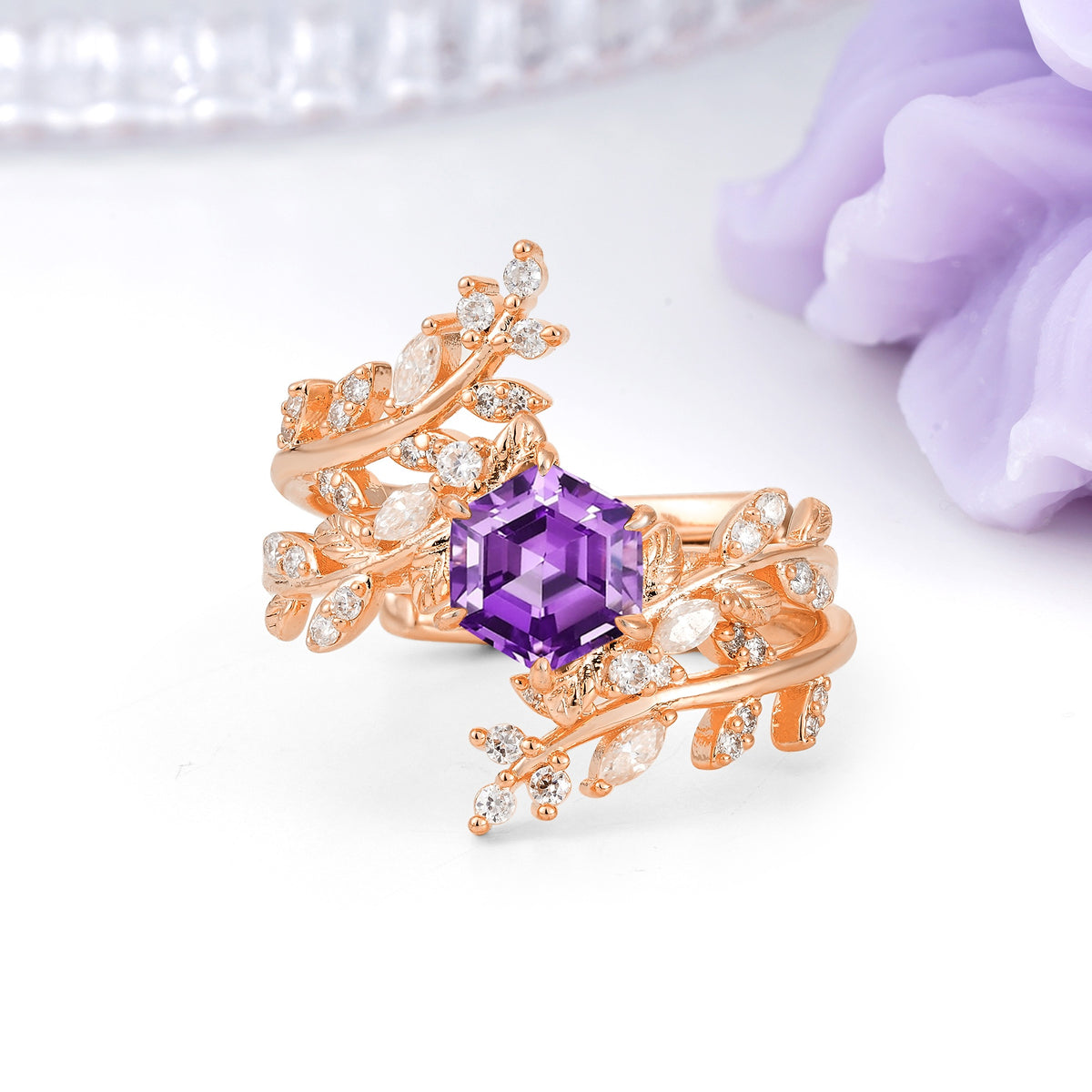 Nature-Inspired Luxury: 6-Prong Hexagonal Cut Amethyst Bridal Ring Set - Additional view